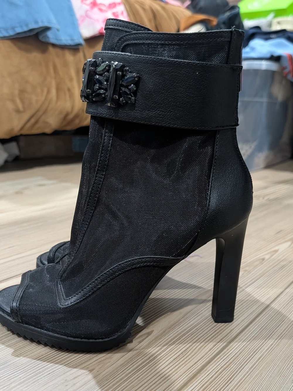 Karl Lagerfeld Black Mesh Peep-Toe Ankle Moto Boots with Embellished Strap